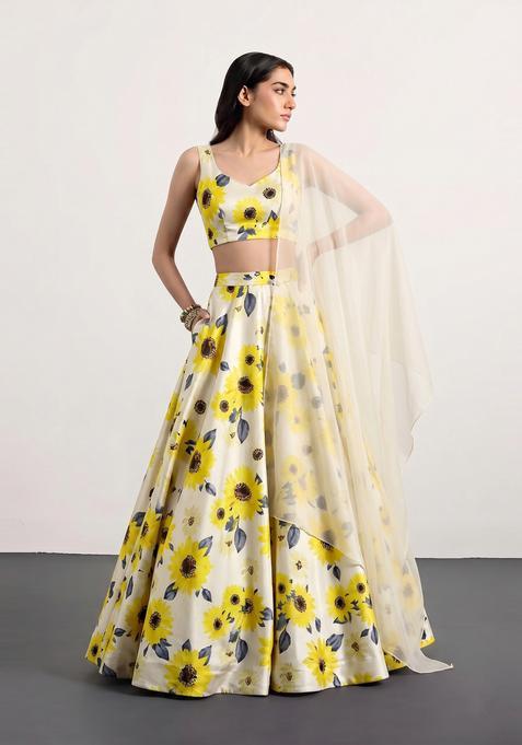 Yellow Printed Crepe Lehenga Set