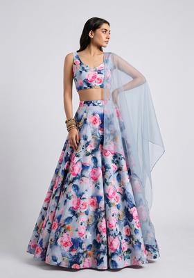 Pastel Blue Printed Crepe Lehenga Set