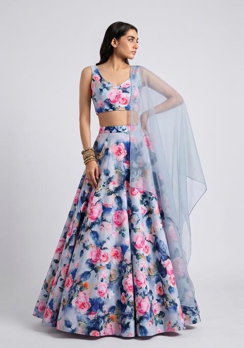 Pastel Blue Printed Crepe Lehenga Set