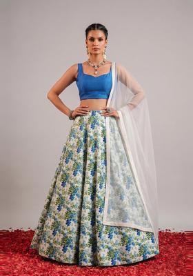 White Printed Crepe Lehenga Set