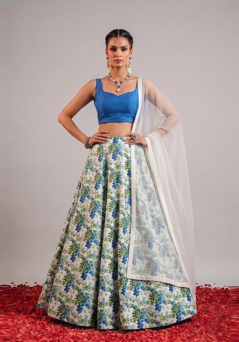 White Printed Crepe Lehenga Set