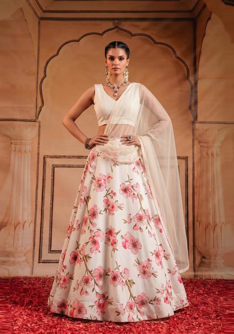 White Printed Crepe Lehenga Set