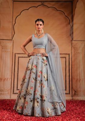 Grey Printed Crepe Lehenga Set