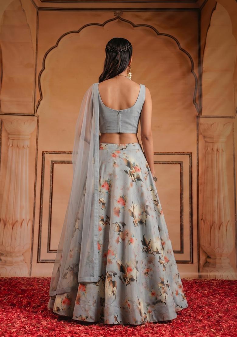 Grey Printed Crepe Lehenga Set - Indya