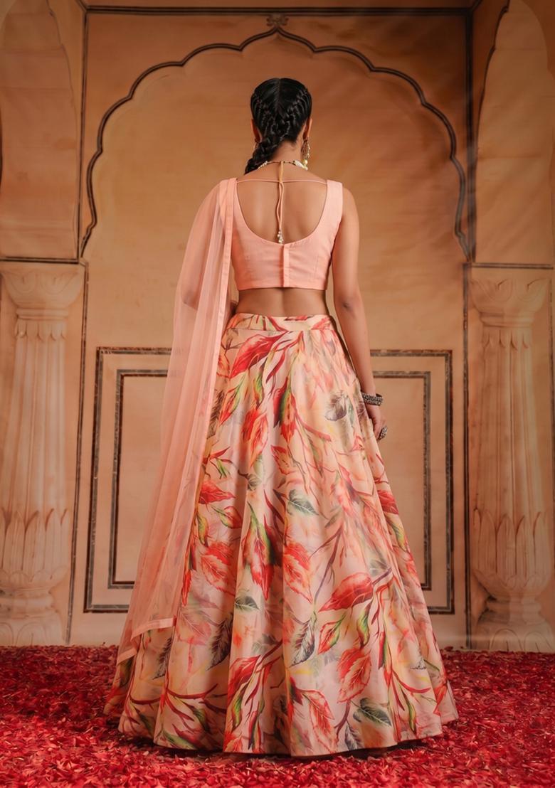 Pastel Peach Printed Crepe Lehenga Set - Indya