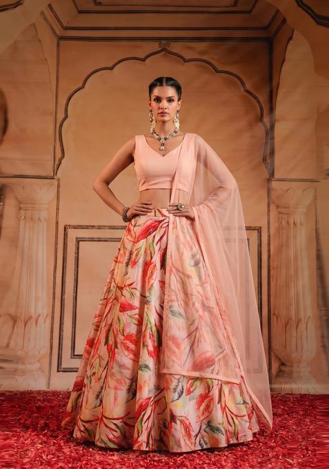 Pastel Peach Printed Crepe Lehenga Set