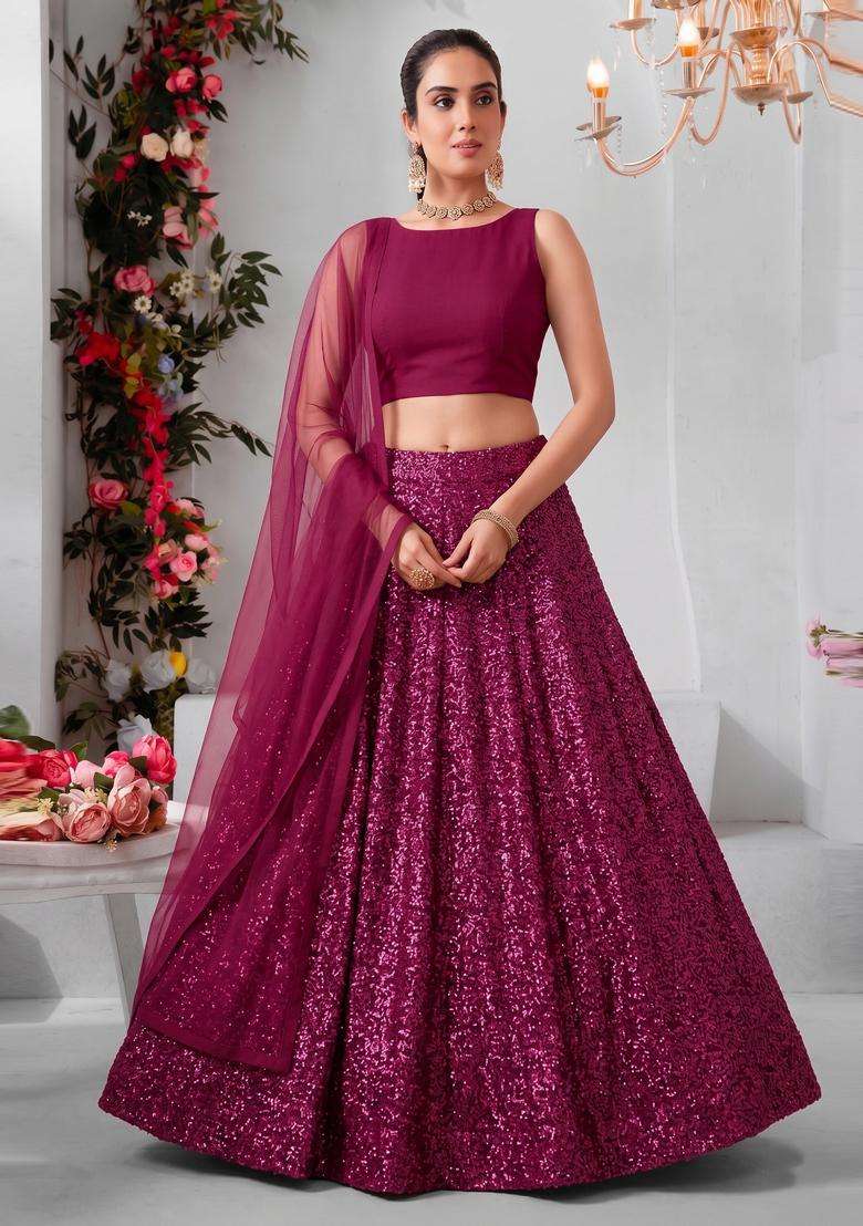 Hot Pink Embroidered Georgette Lehenga Set - Indya