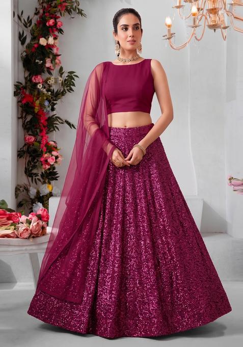 Hot Pink Embroidered Georgette Lehenga Set