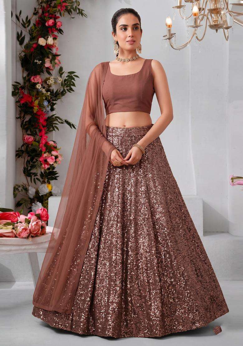 Coffee Brown Embroidered Georgette Lehenga Set - Indya