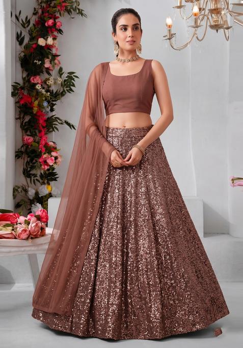 Coffee Brown Embroidered Georgette Lehenga Set