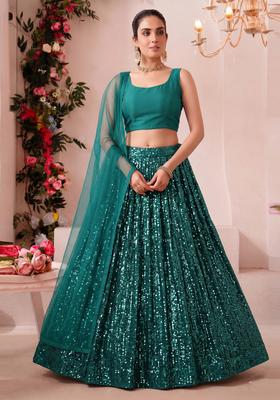 Emerald Green Embroidered Georgette Lehenga Set