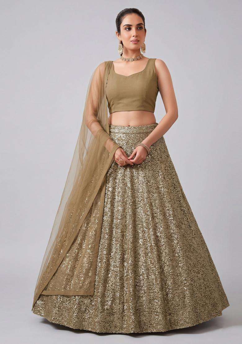 Olive Gold Embroidered Georgette Lehenga Set - Indya