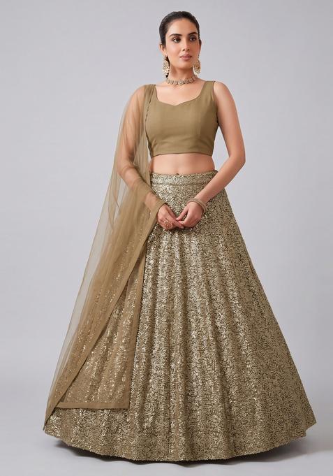 Olive Gold Embroidered Georgette Lehenga Set