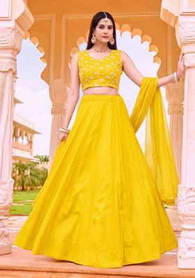 Bright Yellow Embroidered Chanderi Lehenga Set