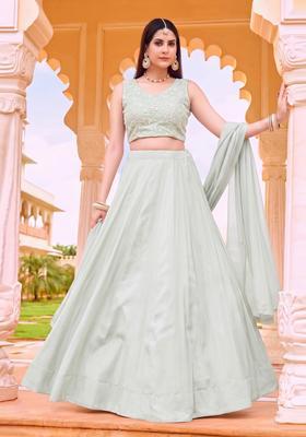 Mint Green Embroidered Chanderi Lehenga Set
