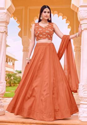 Rust Orange Embroidered Chanderi Lehenga Set