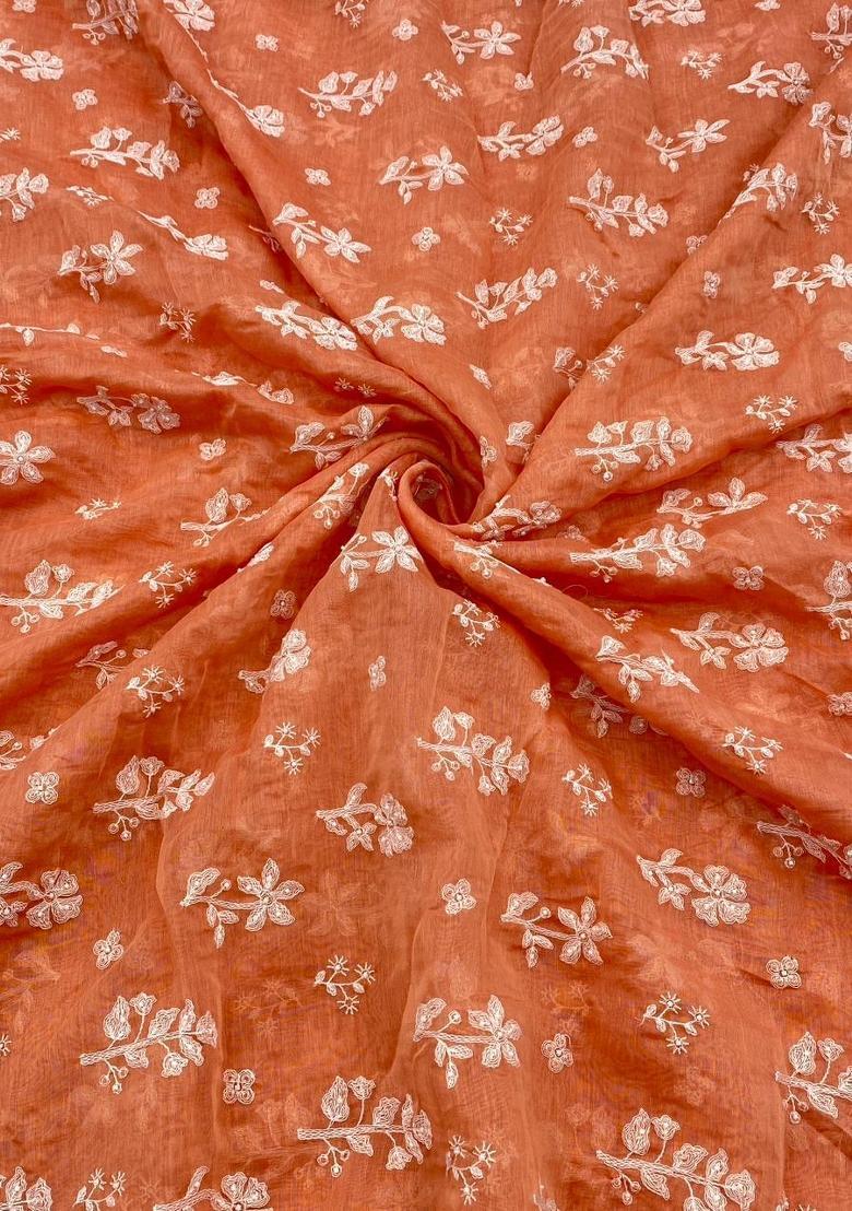 Rust Orange Embroidered Chanderi Lehenga Set - Indya
