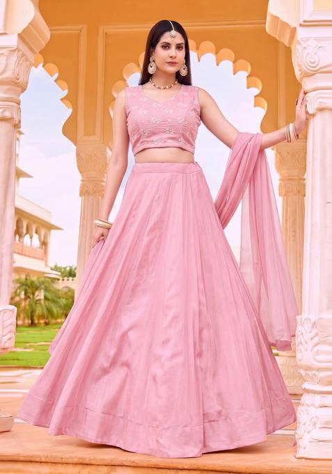Pastel Pink Embroidered Chanderi Lehenga Set