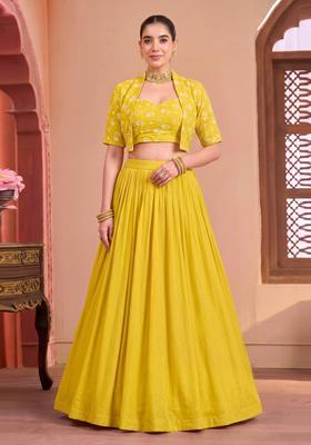 Mustard Yellow Embroidered Chanderi Lehenga Set