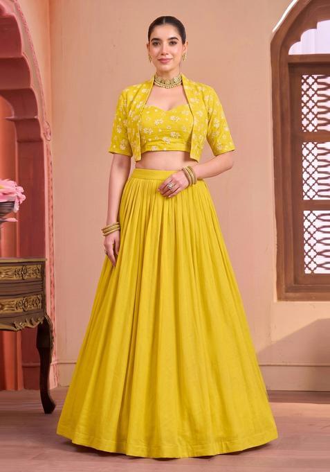 Mustard Yellow Embroidered Chanderi Lehenga Set