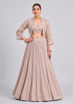 Taupe Beige Embroidered Chanderi Lehenga Set