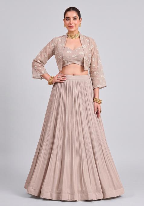 Taupe Beige Embroidered Chanderi Lehenga Set