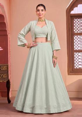 Mint Green Embroidered Chanderi Lehenga Set