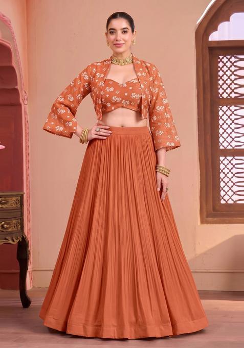 Rust Orange Embroidered Chanderi Lehenga Set