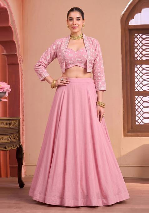 Pastel Pink Embroidered Chanderi Lehenga Set