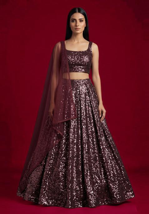 Deep Wine Sequin Georgette Lehenga Set