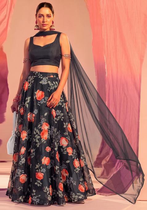 Charcoal Grey Floral Print Georgette Lehenga Set