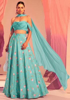 Sky Blue Floral Print Georgette Lehenga Set