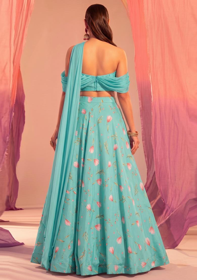 Sky Blue Floral Print Georgette Lehenga Set - Indya