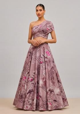 Dusty Pink Printed Crepe Lehenga Set