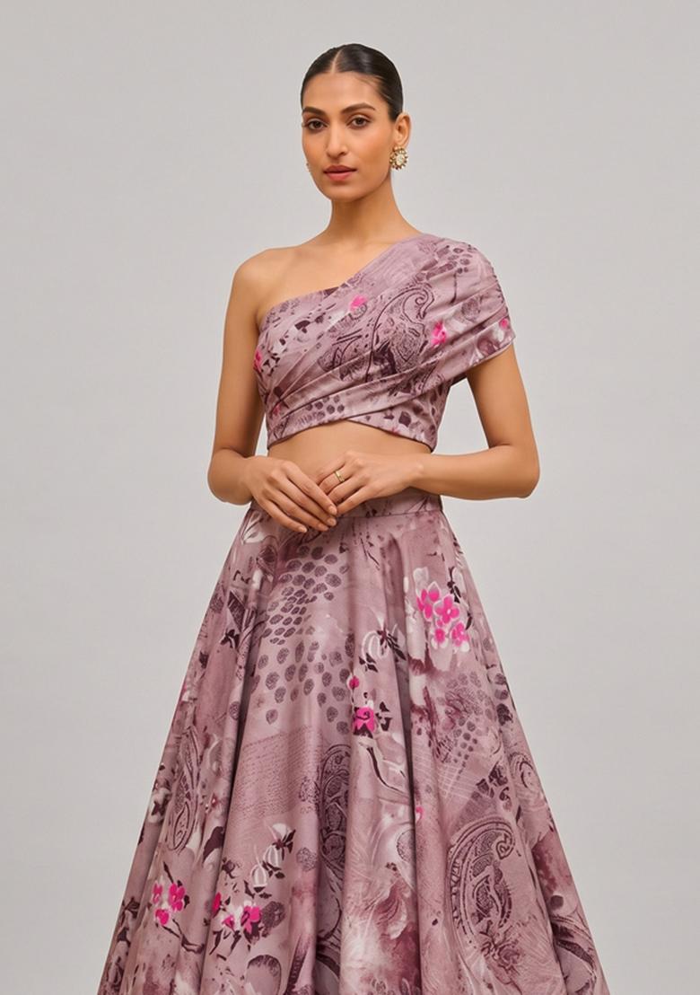 Dusty Pink Printed Crepe Lehenga Set - Indya