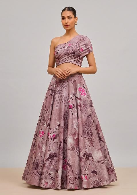 Dusty Pink Floral Print Crepe Lehenga Set