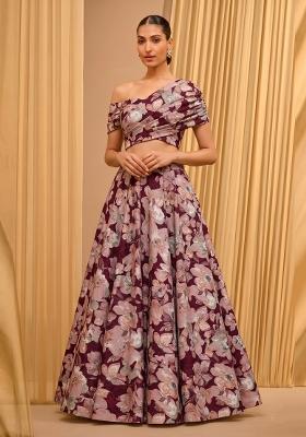 Maroon Printed Crepe Lehenga Set