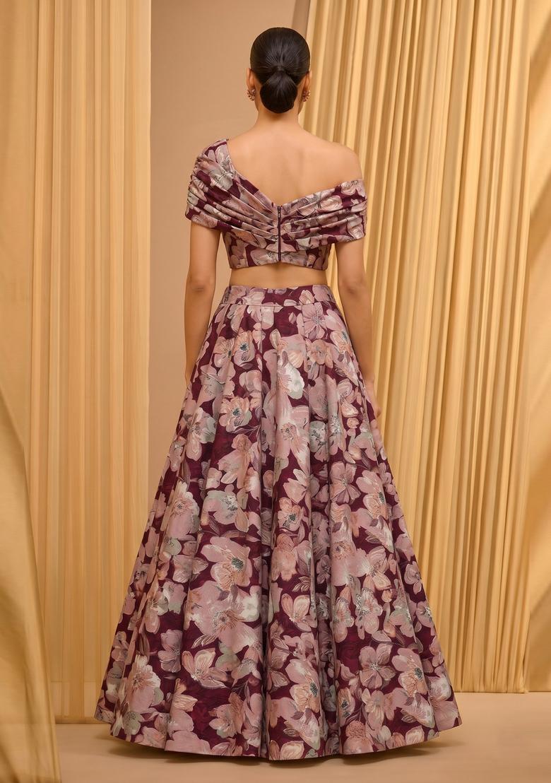 Maroon Printed Crepe Lehenga Set - Indya