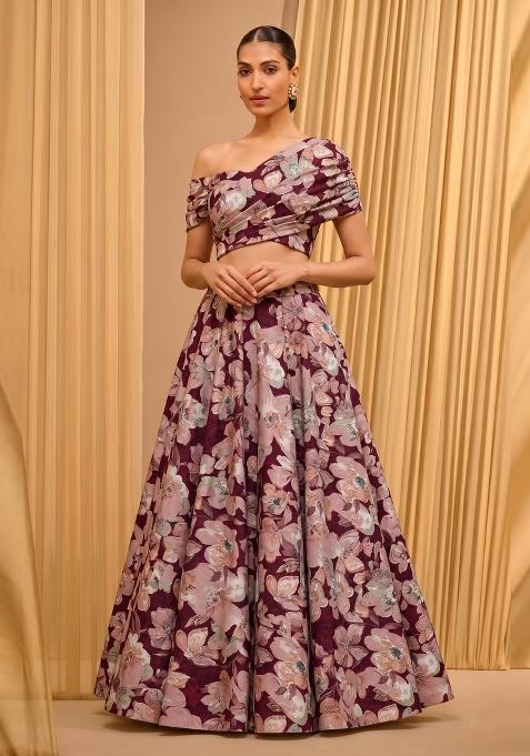 Maroon Floral Print Crepe Lehenga Set