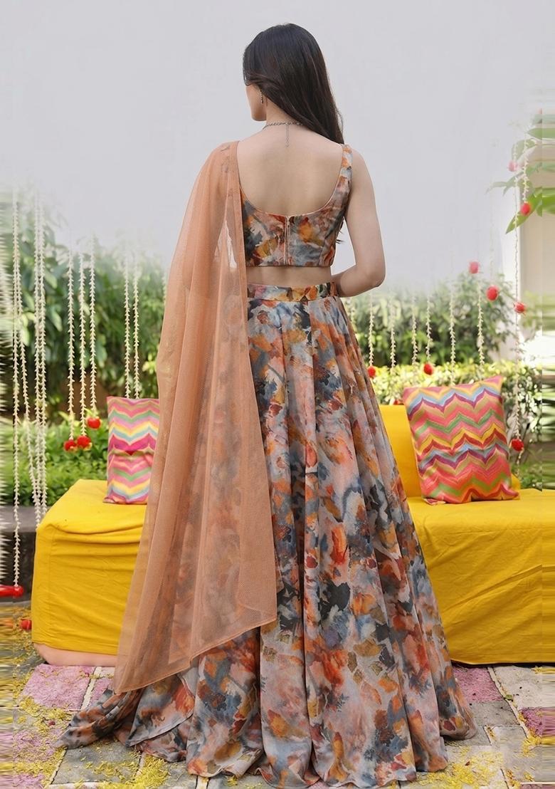 Multi Printed Organza Lehenga Set - Indya