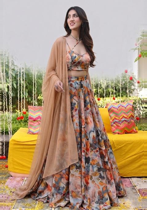 Multi Abstract Print Organza Lehenga Set
