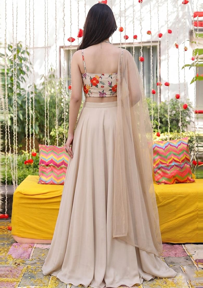 Beige Printed Organza Lehenga Set - Indya