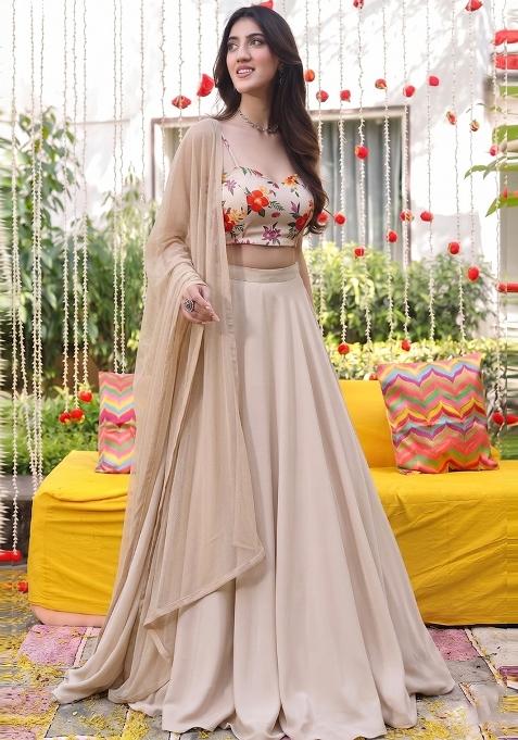 Beige Floral Print Organza Lehenga Set