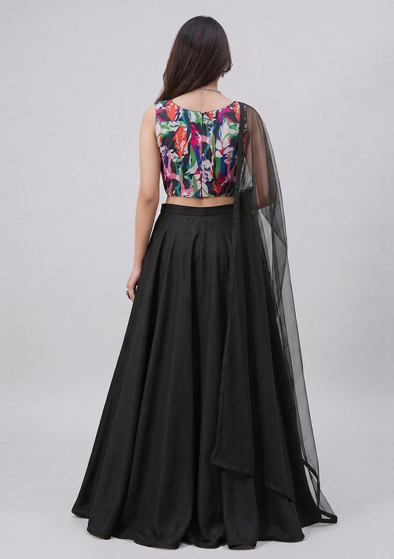 Black Printed Organza Lehenga Set - Indya