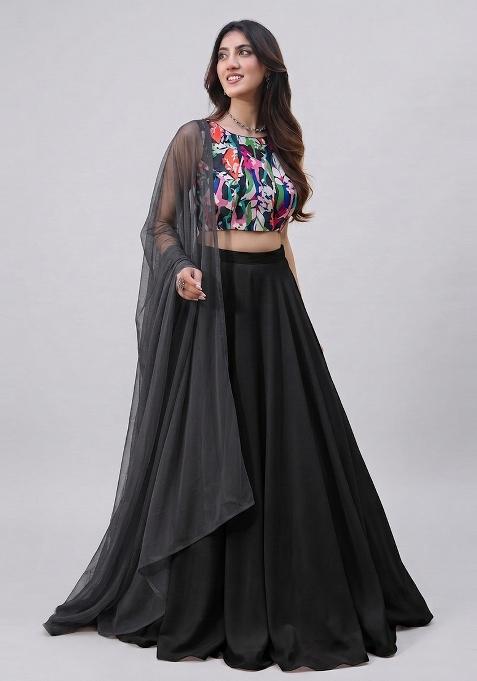 Black Abstract Print Organza Lehenga Set