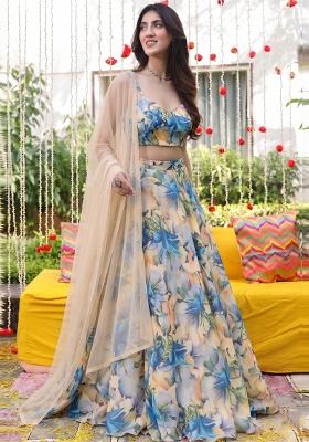 Blue Printed Organza Lehenga Set