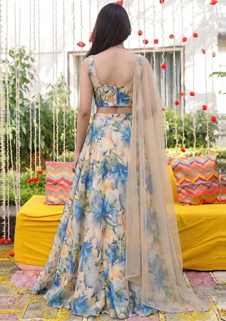 Blue Printed Organza Lehenga Set - Indya