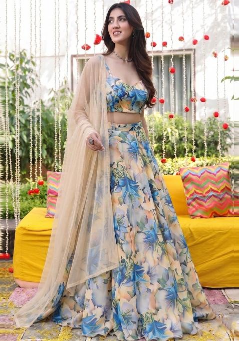 Blue Floral Print Organza Lehenga Set