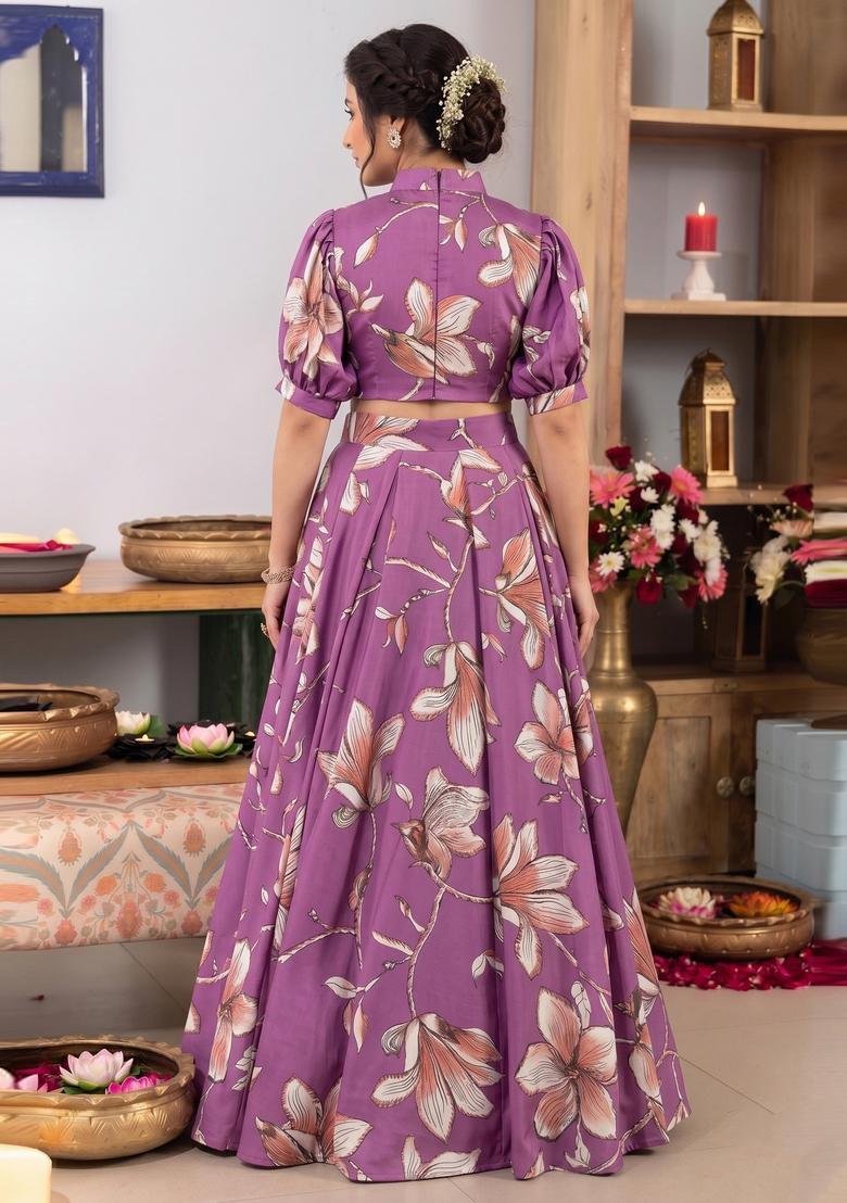 Purple Printed Georgette Lehenga Set - Indya