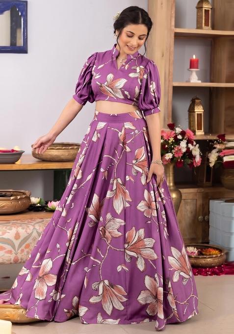 Purple Floral Print Georgette Lehenga Set